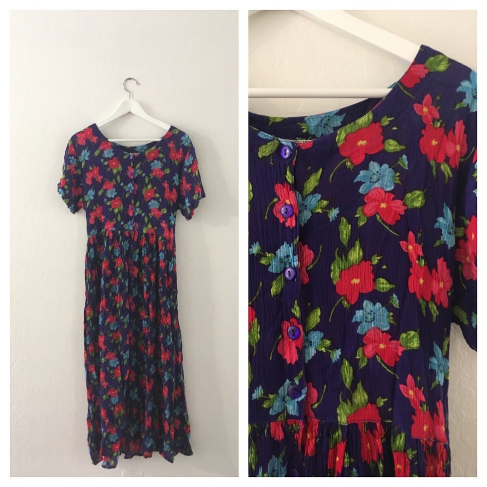 Vintage vibrant floral Button Front midi dress